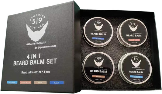 4 piece Beard Balm Set, Essential Beard Care for Men Cologne, Cedarwood, Aqua and Musk