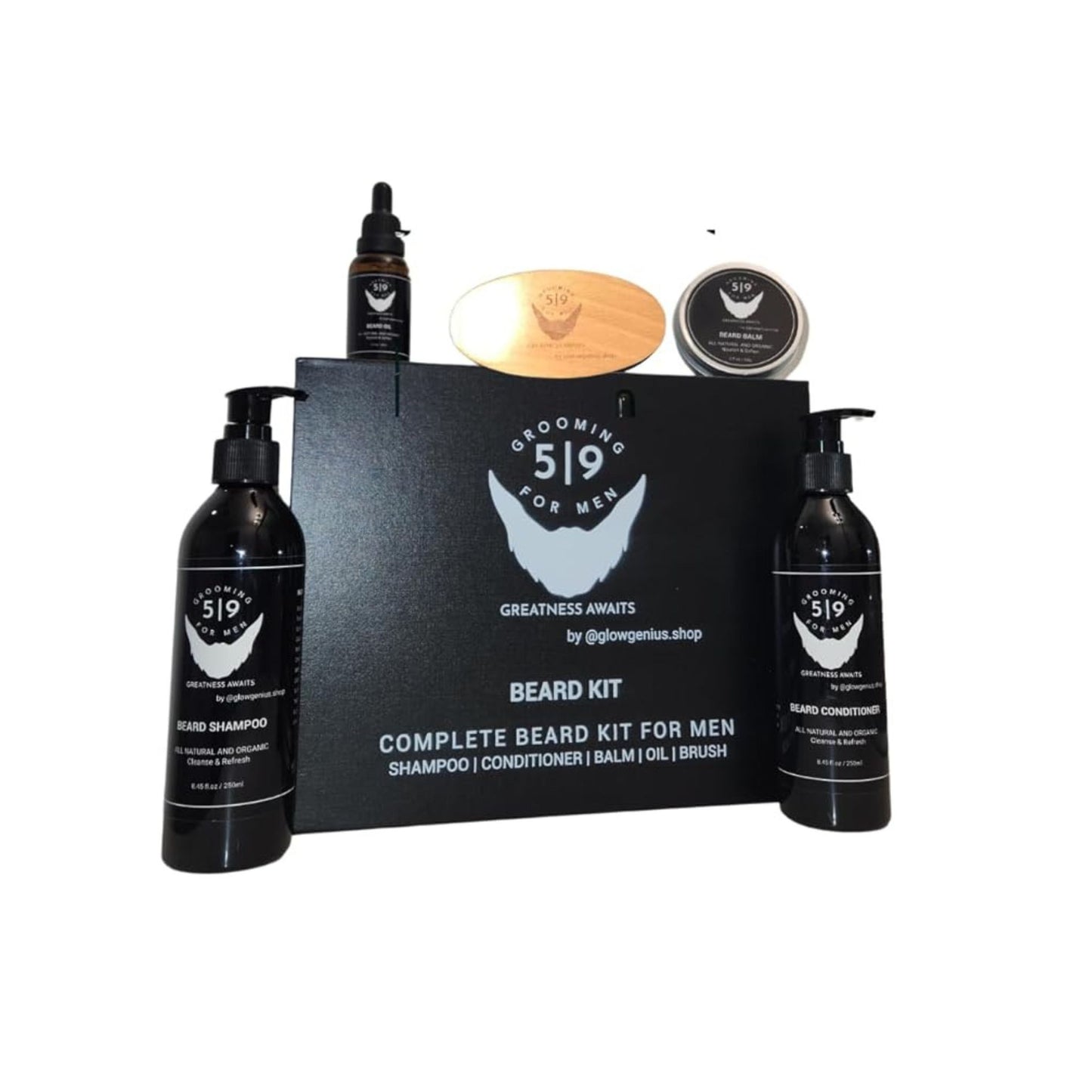 5 pc Men's Ultimate Grooming Kit. Beard Shampoo, Beard Conditioner, Sandalwood Beard OIL, Comb and Cologne Beard Balm. Gifts for MEN, Husband, significant other by Glow Genius.